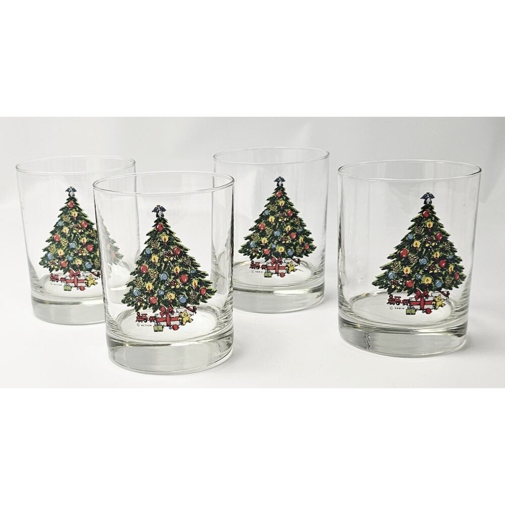 Vtg Set Of 4 Sarin 14oz Double Old-Fashioned Christmas Glasses Holiday Barware